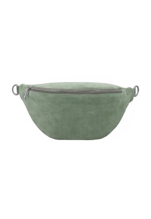 Weiche grüne Velour-Gürteltasche mit einem silbernen Reißverschlusstasche und Metallringen an beiden Enden für einen verstellbaren Riemen.