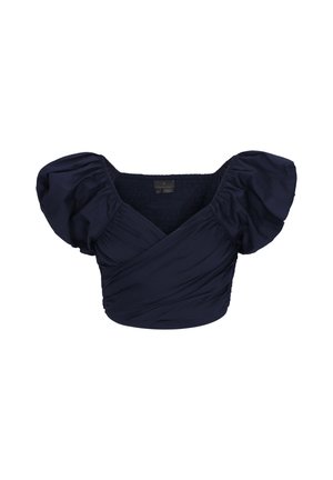 Blouse courte bleu marine avec manches courtes bouffantes et devant à effet drapé et noué.