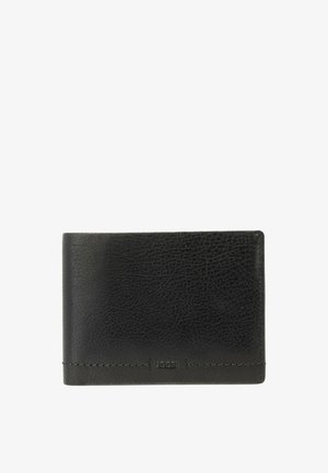 Black leather wallet with a textured surface, featuring subtle stitching and a small embossed logo. Compact rectangular shape.