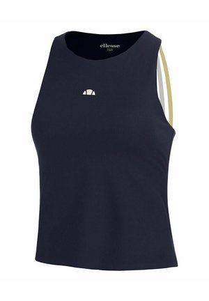 Haut court noir sans manches avec encolure ronde, petit logo blanc Ellesse sur la poitrine, et détail à rayures beige et blanc sur les côtés.