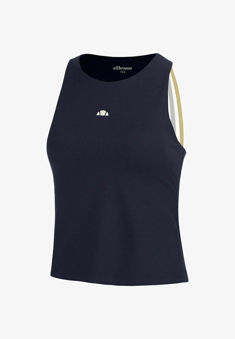 Haut court noir sans manches avec encolure ronde, petit logo blanc Ellesse sur la poitrine, et détail à rayures beige et blanc sur les côtés.