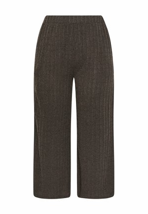 Pantalones de punto acanalado de pierna ancha en color marrón oscuro, con cintura elástica, largo cropped y un patrón de rayas verticales texturizadas.