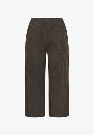 Pantalon large en maille côtelée marron foncé avec une taille élastique, longueur raccourcie et un motif à rayures verticales texturé.