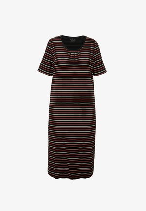 Czarna sukienka w paski z krótkimi rękawami, okrągłym dekoltem oraz poziomymi paseczkami w kolorach czerwonym, białym i żółtym. Swobodny krój, do kolan.