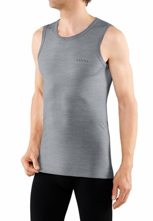 Hellgraues, ärmelloses Sport-Tanktop mit strukturiertem geometrischem Muster, rundem Ausschnitt und tailliertem Design.