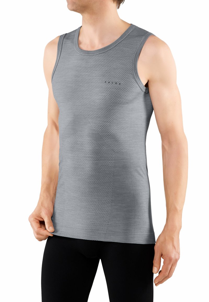 Débardeur d'entraînement sans manches gris clair présentant un motif géométrique texturé, un col rond et une coupe ajustée.