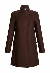 Cappotto di lana marrone con un collo alto, chiusura a tre bottoni e due tasche frontali. Presenta un design elegante e dritto con minimalismi nei dettagli.