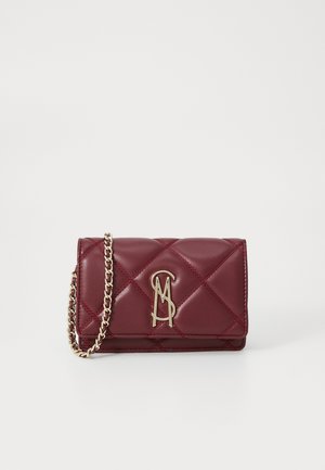 Burgundy quilted leather wallet with a gold chain strap and logo detail. Features smooth texture and diamond pattern stitching.