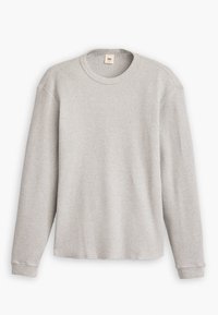 Grey long-sleeve knit sweater with a ribbed texture, round neckline, and straight hem. Cuffs are fitted, made of soft fabric.