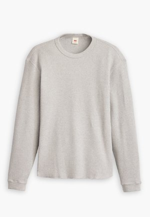 Grey long-sleeve knit sweater with a ribbed texture, round neckline, and straight hem. Cuffs are fitted, made of soft fabric.