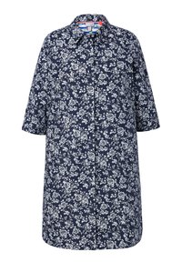 Abito floreale blu navy, con motivi di rose e fiori bianchi, apertura con bottoni, colletto e maniche a tre quarti. Tessuto morbido.