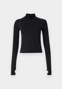 Black turtleneck top made of smooth fabric; features long, fitted sleeves with circular cutouts at the cuffs and ribbed texture at the hem.