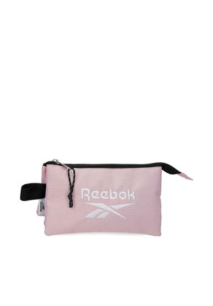 Bolsa rosa claro de Reebok con cremallera negra, lengüeta de tirador negra y logo blanco centrado en el frente.