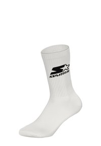 White athletic sock with ribbed texture, crew length, featuring a black "Starter" logo and star design on the outer side.
