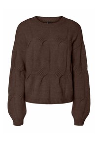 Brązowy sweter wykonany na drutach z teksturowanym wzorem, okrągłym dekoltem i bufiastymi rękawami. Wykonany z miękkiego materiału z detalami w postaci prążkowanego wykończenia dołu.