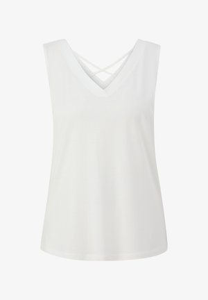 Haut sans manches blanc avec un décolleté en V et des bretelles croisées au dos. Fabriqué en tissu doux, il offre une coupe décontractée et une texture lisse.