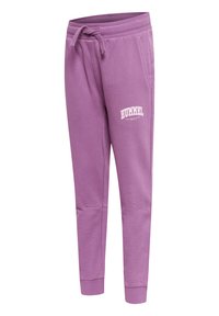 Lilla sweatpants lavet af blødt stof, med en snøre i taljen, sidelommer og detalje med hvidt logo på hoften.