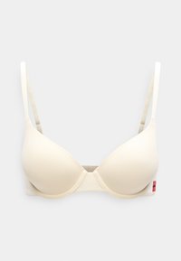 Svetlobéžová podprsenka s tvarovanými košíčkami, nastaviteľnými ramienkami a zapínaním na háčiky. Mäkká látka s minimalistickým dizajnom a malou štítkom na boku.