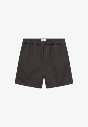 Schwarze Freizeithosen mit elastischem Bund und seitlichen Taschen, flach auf weißem Hintergrund dargestellt.