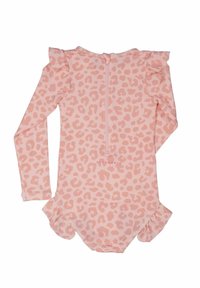 Langærmet pink badetøj med struktureret overflade og leopardmønster, der har flæseaccenter ved skuldrene og lynlås i ryggen.