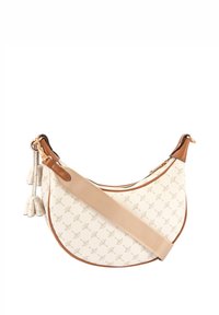 Borsa hobo in tessuto crema con motivo strutturato. Presenta dettagli in pelle marrone e una tracolla beige regolabile. Include nappine decorative.
