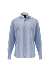 Hellblaues Langarmhemd mit einem kontrastrierenden weißen Kragen. Die Knopfleiste auf der Vorderseite hat kleine Knöpfe und eine glatte, gewebte Textur.