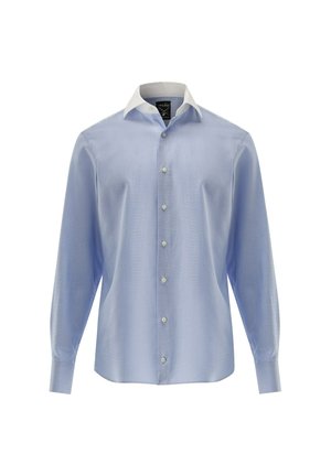 Light blue long-sleeve shirt with a contrasting white collar. Button-up front features small buttons and a smooth, woven texture.