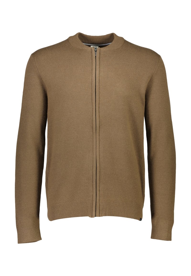 Brun zip-up cardigan med rund krage, ribbad nederkant och ärmavslut, tillverkad av ett mjukt material. Enkel design, inga synliga mönster eller detaljer.