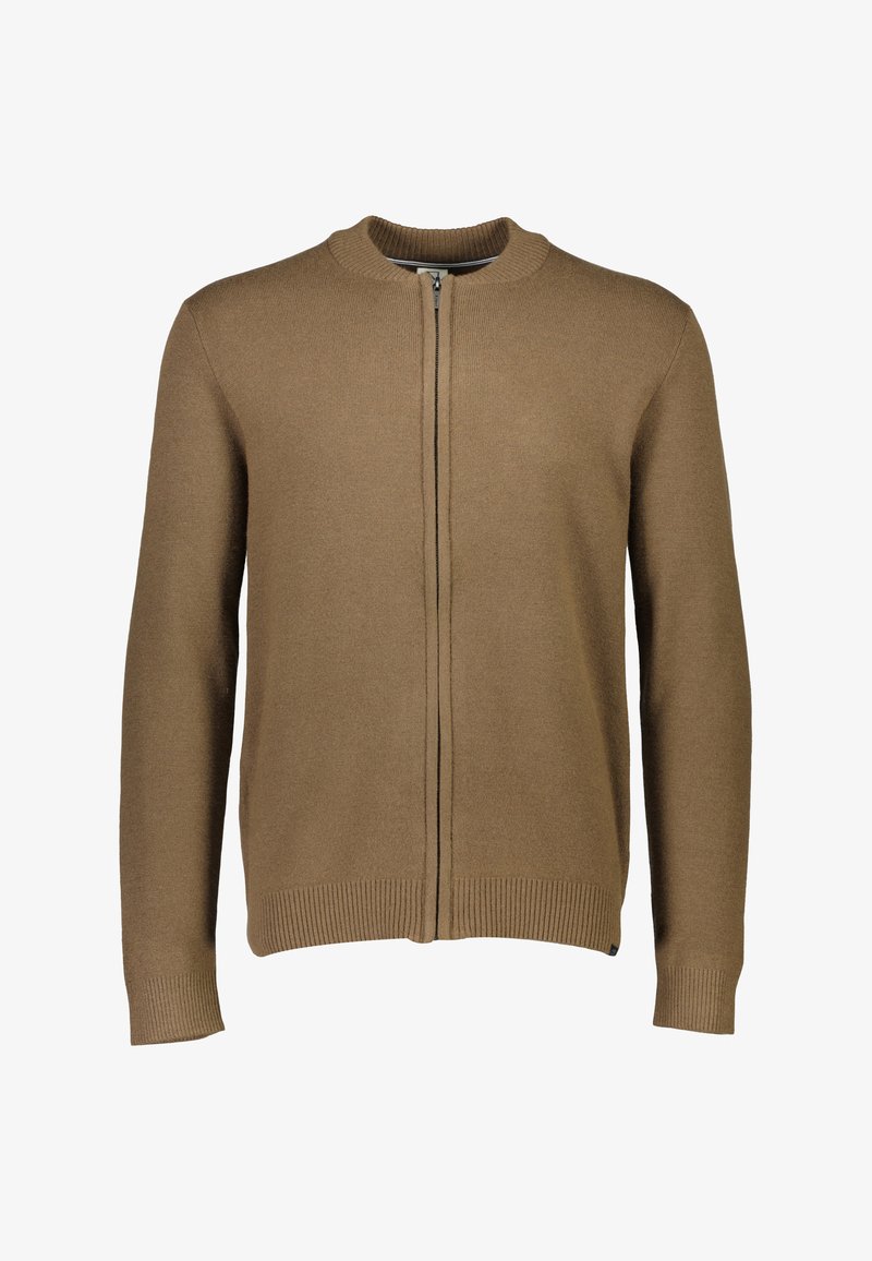 Brun zip-up cardigan med rund krage, ribbad nederkant och ärmavslut, tillverkad av ett mjukt material. Enkel design, inga synliga mönster eller detaljer.
