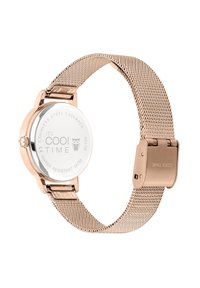 Armbanduhr mit einem rose-goldenen Mesh-Armband und einem Gehäuseboden aus Edelstahl. Verfügt über ein rundes Zifferblatt und eine sichere Schnalle. Wasserdicht bis zu 3 ATM.