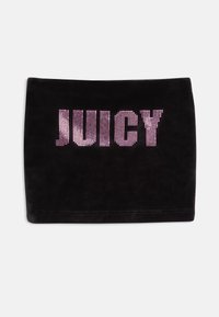 Črna velur mini krilo z napisom "JUICY" iz rhinestones. Gladka tekstura s prilegajočim krojem in rebrastim robom.