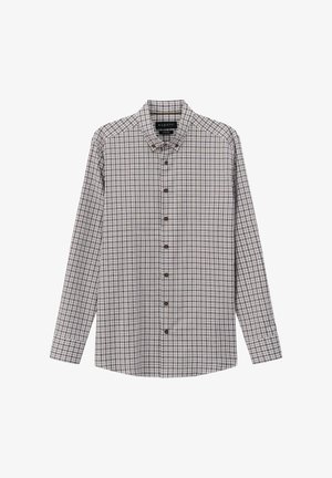 Long-sleeve checkered shirt in brown and white tones. Button-down collar, brown buttons, and a straight hem. Cotton blend fabric.