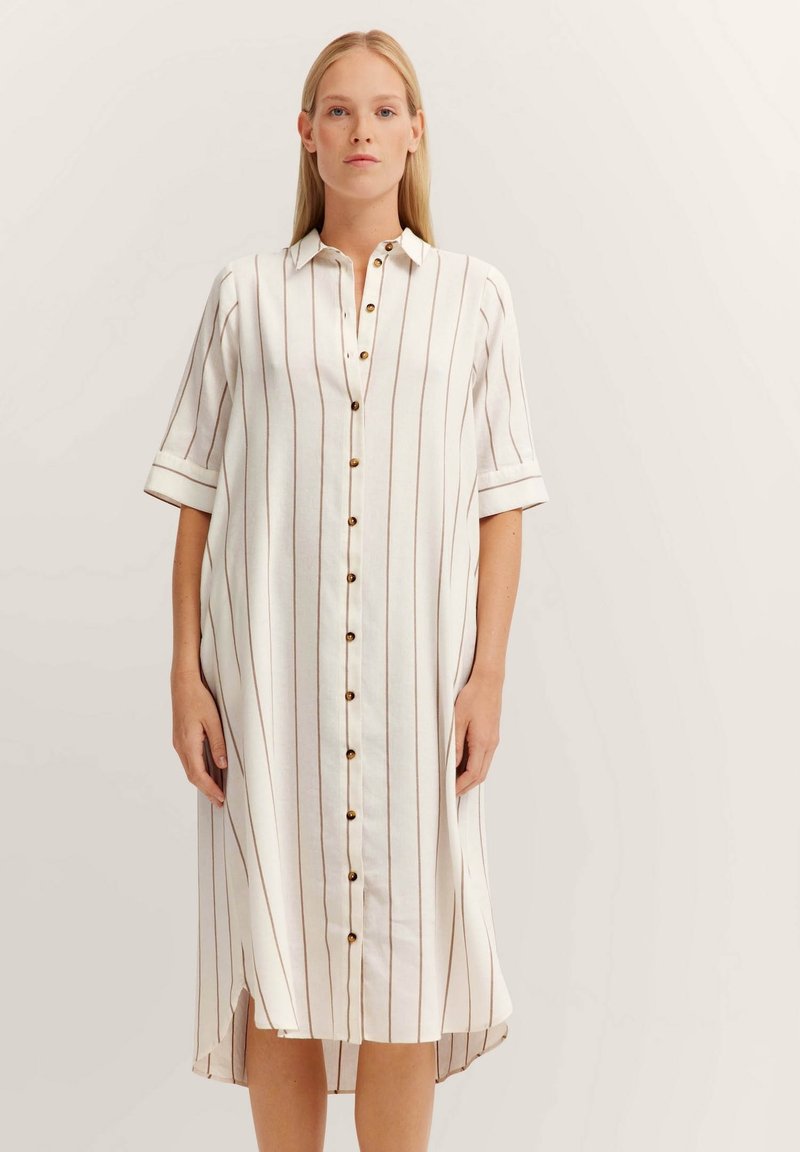 Weißes Hemdkleid mit vertikalen braunen Streifen, das kurze Ärmel, einen klassischen Kragen und einen schulterhohen Schlitz auf beiden Seiten hat.