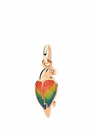 Goldener Anhänger in Papageienform mit regenbogenfarbenen Emaille-Flügeln, mit einer Öse zum Befestigen.