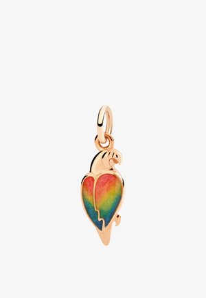 Goldener Anhänger in Papageienform mit regenbogenfarbenen Emaille-Flügeln, mit einer Öse zum Befestigen.