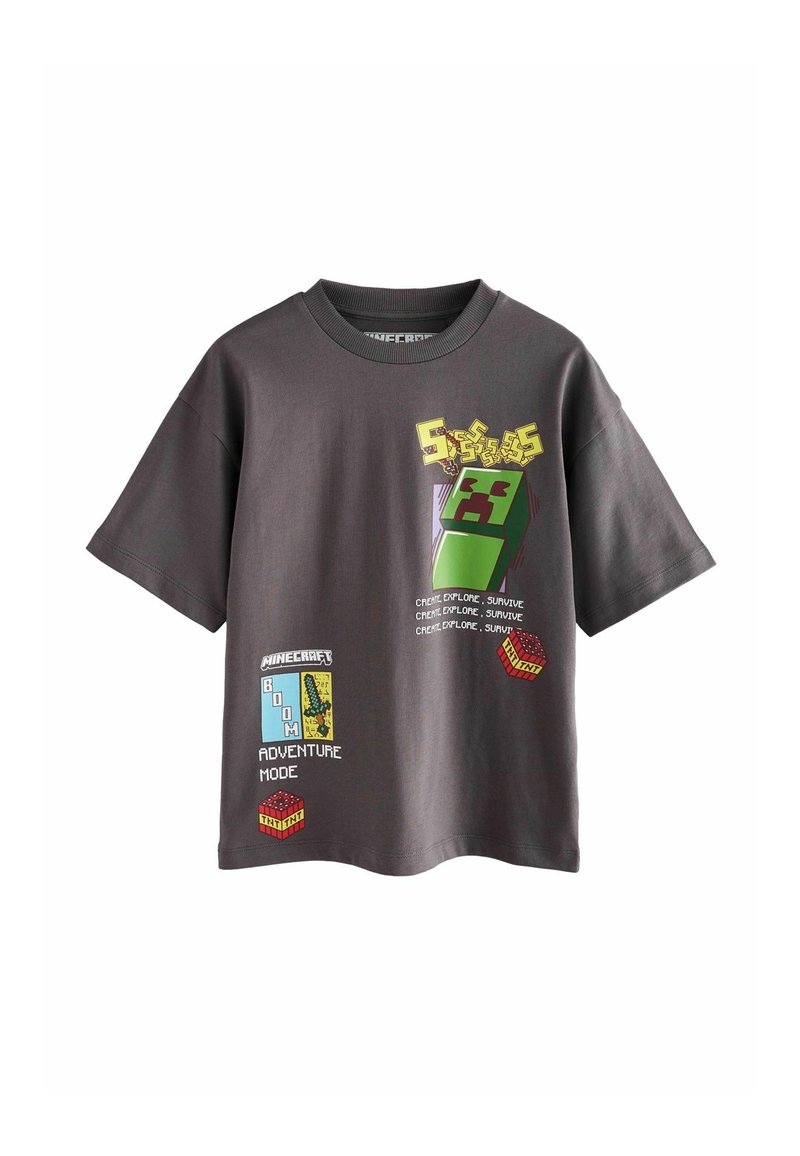 Graues Baumwoll-T-Shirt mit Minecraft-Themen-Grafiken, einschließlich einer grünen Figur, Blöcken und buntem Text. Kurzarm und Rundhalsausschnitt.