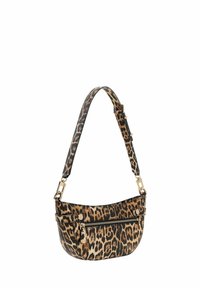 Borsa a stampa leopardata con forma curva, accessori in oro e una tracolla regolabile singola. Materiale sintetico texturizzato con doppi scomparti con zip.
