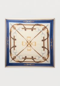 Hodvábna šatka s štvorcovým dizajnom, béžovým stredom, hnedým a modrým lemovaním a jazdeckými motívmi ako strmene a remene.