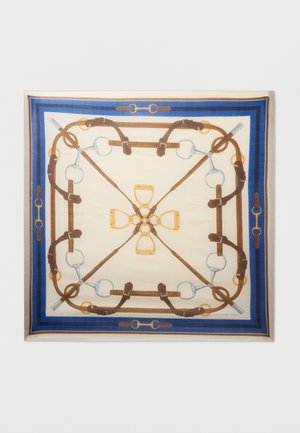 Jedwabny szal z kwadratowym wzorem, beżowym środkiem, brązową i niebieską obwódką oraz motywami jeździeckimi przedstawiającymi strzemiona i paski.