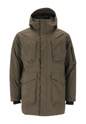 Olivgrüner Parka mit hohem Kragen, Reißverschluss, mehreren großen Fronttaschen und einer Reißverschlusstasche am Ärmel. Wasserdichtes Material.