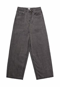 Jeans a gamba larga in denim grigio scuro, con vita alta, design a cinque tasche e hardware in metallo. Il tessuto ha una finitura morbida e testurizzata.