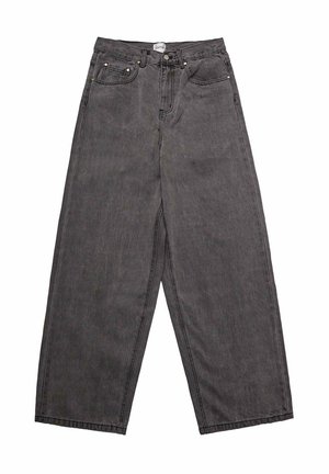 Jeans a gamba larga in denim grigio scuro, con vita alta, design a cinque tasche e hardware in metallo. Il tessuto ha una finitura morbida e testurizzata.