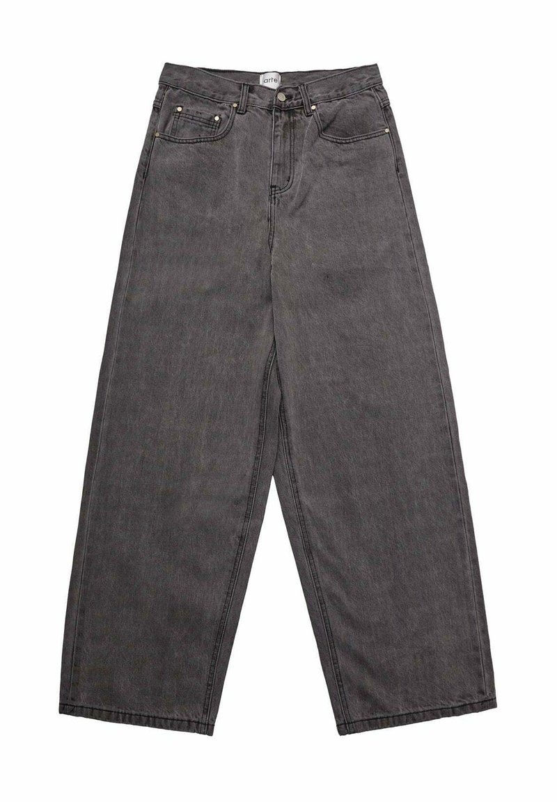 Jeans a gamba larga in denim grigio scuro, con vita alta, design a cinque tasche e hardware in metallo. Il tessuto ha una finitura morbida e testurizzata.