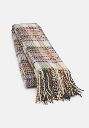Écharpe en laine pliée avec un motif à carreaux rose, bleu et crème, ornée de franges torsadées multicolores à une extrémité.