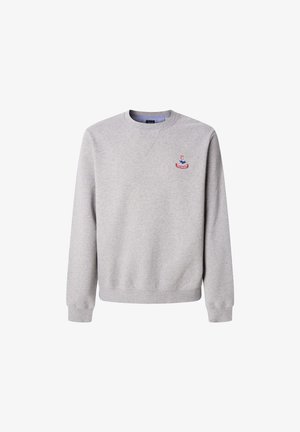 Grauer Pullover mit Rundhalsausschnitt, langen Ärmeln, gerippten Bündchen und Saum. Mit kleinem gesticktem Logo in Rot- und Blau-Tönen.