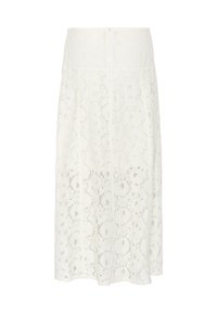 Weiße Spitzen-Midikleid mit tailliertem Bund, zarten Blumenmustern und einem Reißverschluss auf der Rückseite. Fließende A-Linien-Silhouette.