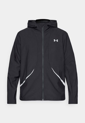 Black zip-up hooded jacket with white accents and logo, featuring long sleeves and a sleek, smooth fabric texture.