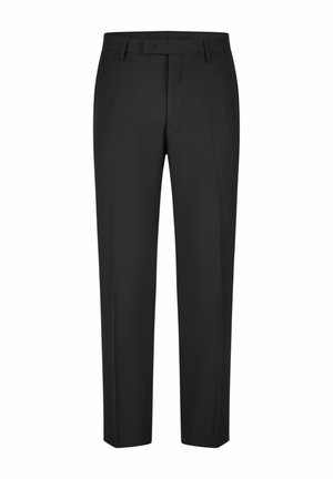 Sorte skræddersyede bukser med bæltestropper og en frontfold, vist mod en hvid baggrund.