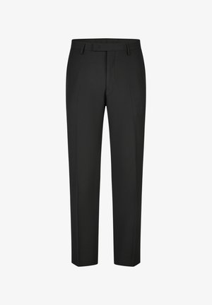 Zwarte op maat gemaakte broek met riemlussen en een plooi aan de voorkant, weergegeven tegen een witte achtergrond.