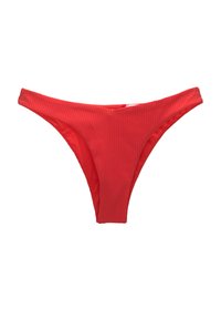 Rode geribbelde bikini onderkant met een hoge snit en minimale bedekking, met een gladde textuur en zonder zichtbare hardware of accenten.